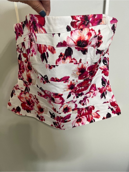 White House Black Market Tops - White House Black Market White Strapless Floral Bustier with Pink & Red Accents